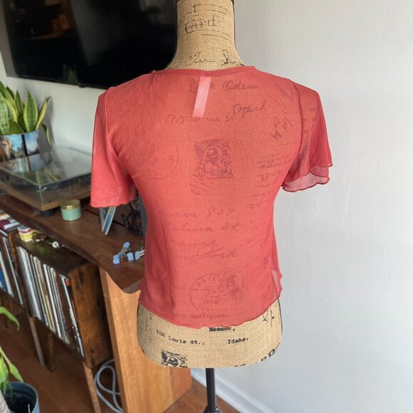 Blue Blush • Red Rust Orange Sheer Mesh Cropped Top | Women’s S/M - Picture 3 of 10